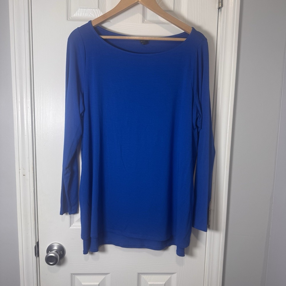 Eileen Fisher Royal Blue V-Neck 3/4 Sleeve Tunic Top Women XL Minimalist Casual